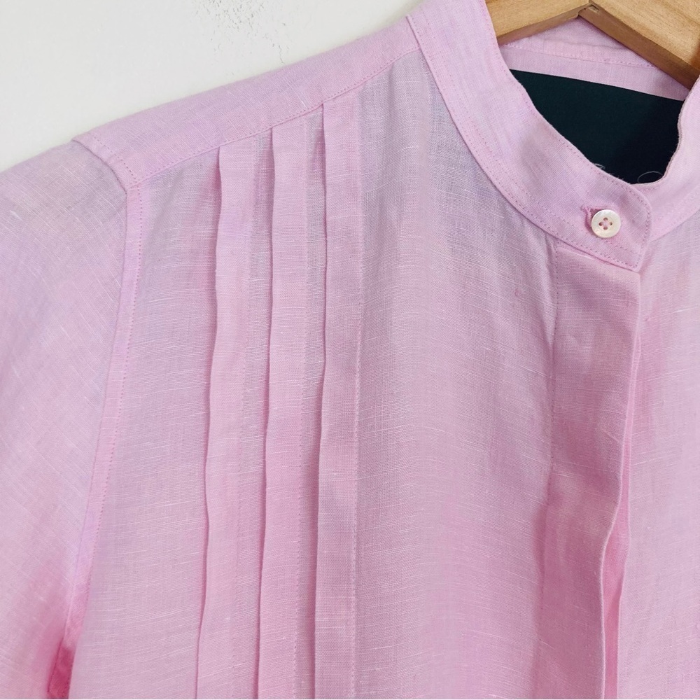 Clarigde & King linen pastel pink pleated mandarin collar button front top. S - Picture 2 of 6